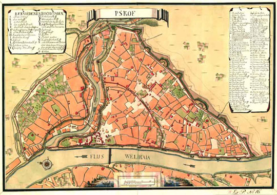 Старая карта - Шведский план Пскова 1750 года 1750 Шведский план Пскова